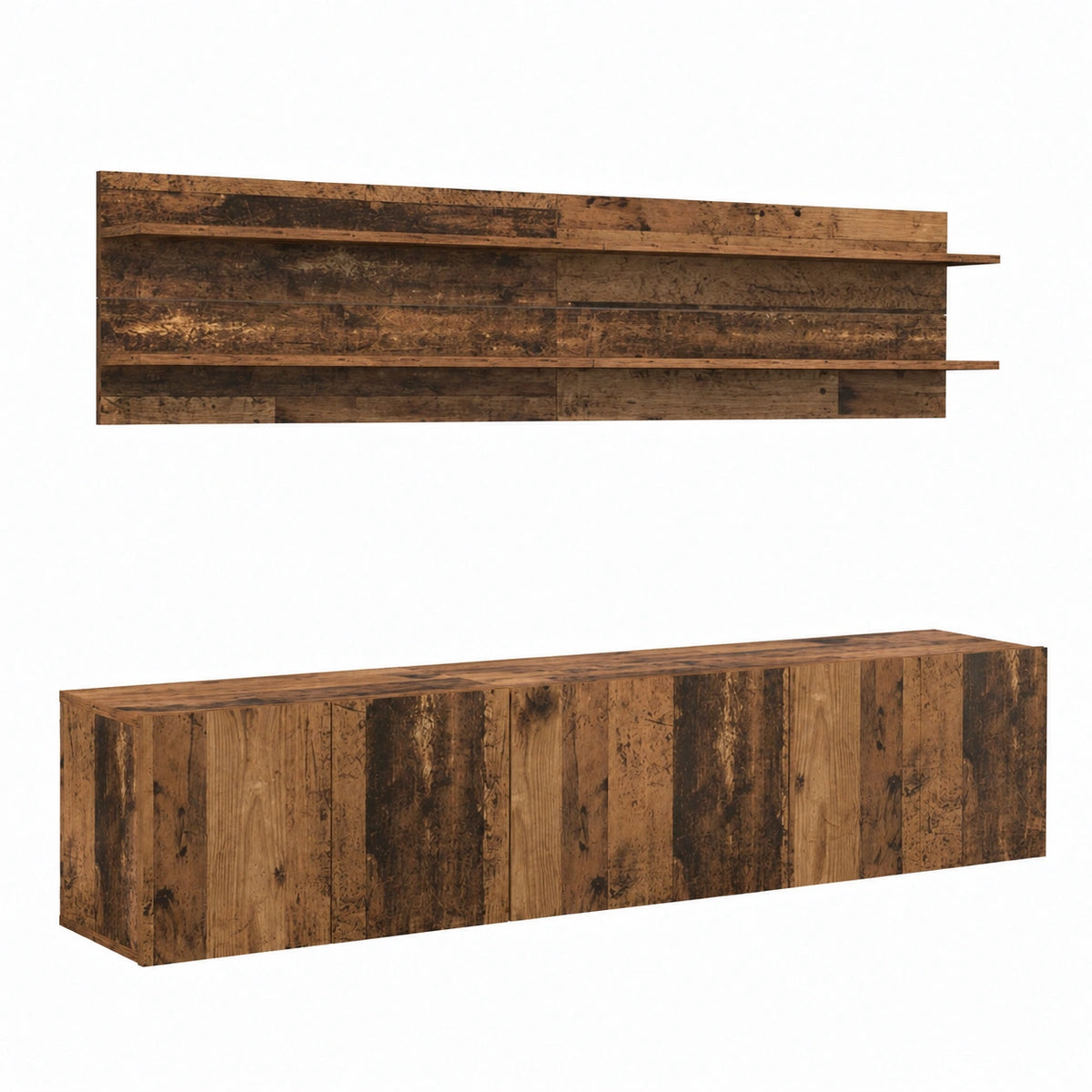 Supporto TV a muro in legno ingegnerizzato, mensola sospesa con vani contenitori, design vintage, facile montaggio