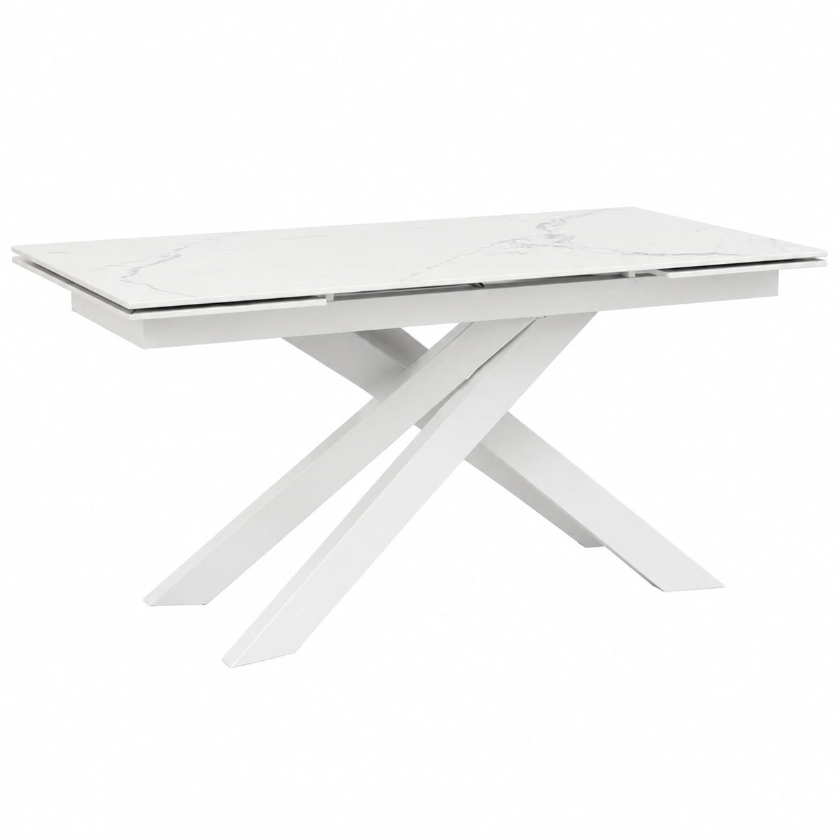 Tavolo Allungabile in Ceramica Bianca Statuario con Gambe Incrociate, 160x90x76.4 cm