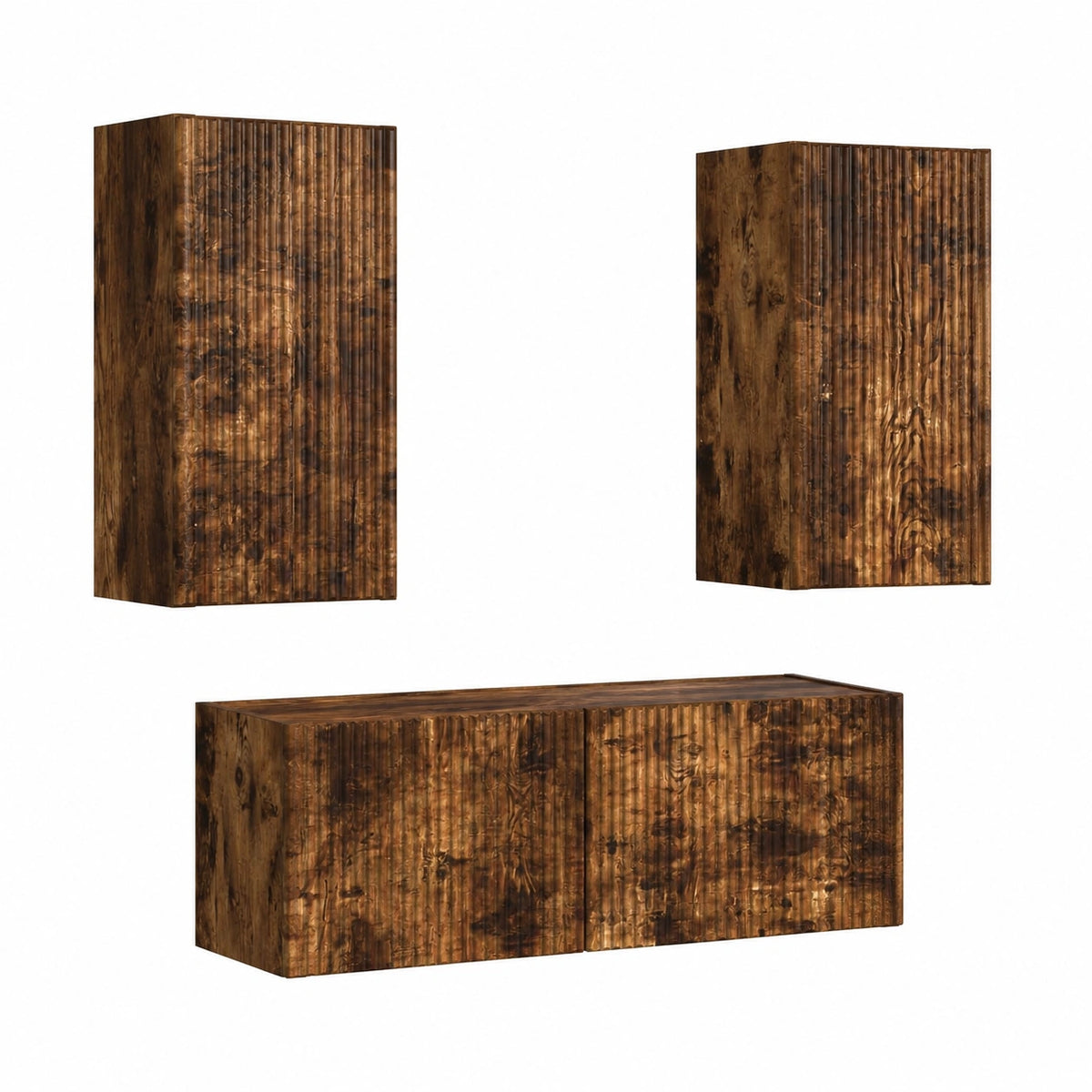 Mobile TV sospeso in legno rovere fumé, design moderno con contenitore per console e TV