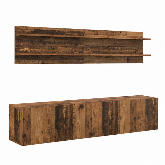 Supporto TV a muro in legno ingegnerizzato, mensola sospesa con vani contenitori, design vintage, facile montaggio