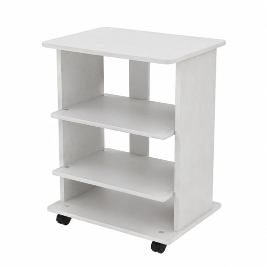 Carrello Porta TV in Legno MDF con 3 Ripiani, Bianco Frassinato, Ruote Trasportabili