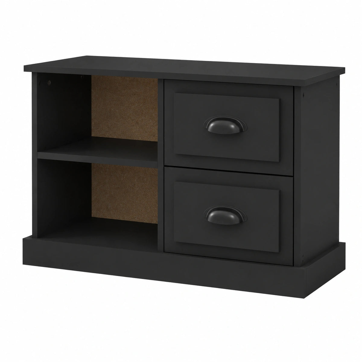 Mobile TV in legno nero con 2 cassetti e scomparti aperti, 73x35,5x47,5 cm, design moderno per soggiorno e camera da letto