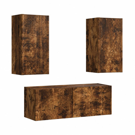 Mobile TV sospeso in legno rovere fumé, design moderno con contenitore per console e TV